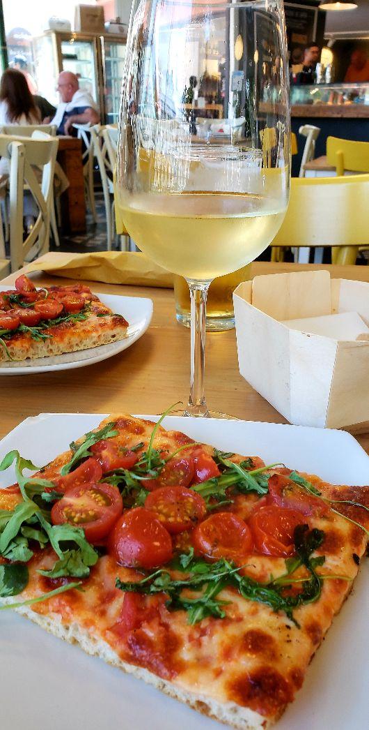 A glass of wine next to a pizzaDescription automatically generated with low confidence