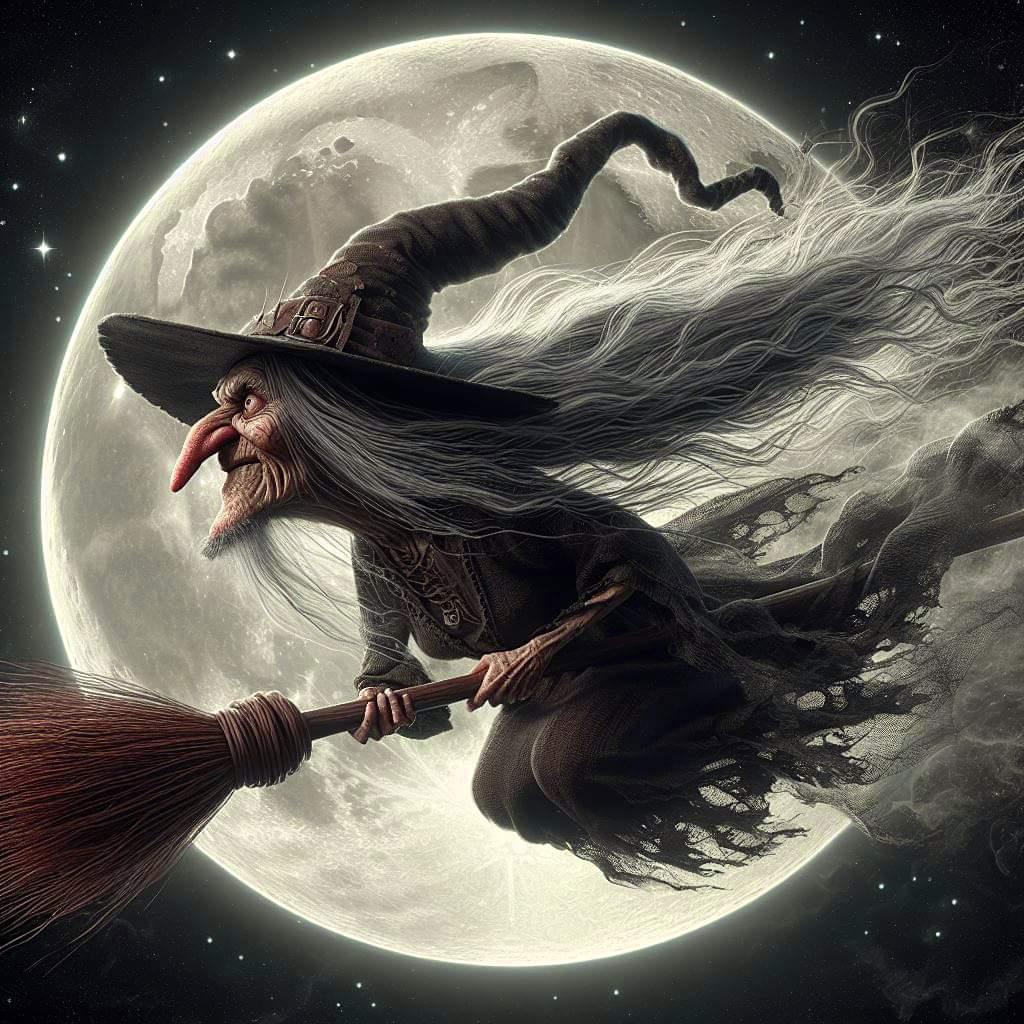 A person flying on a broomstickDescription automatically generated