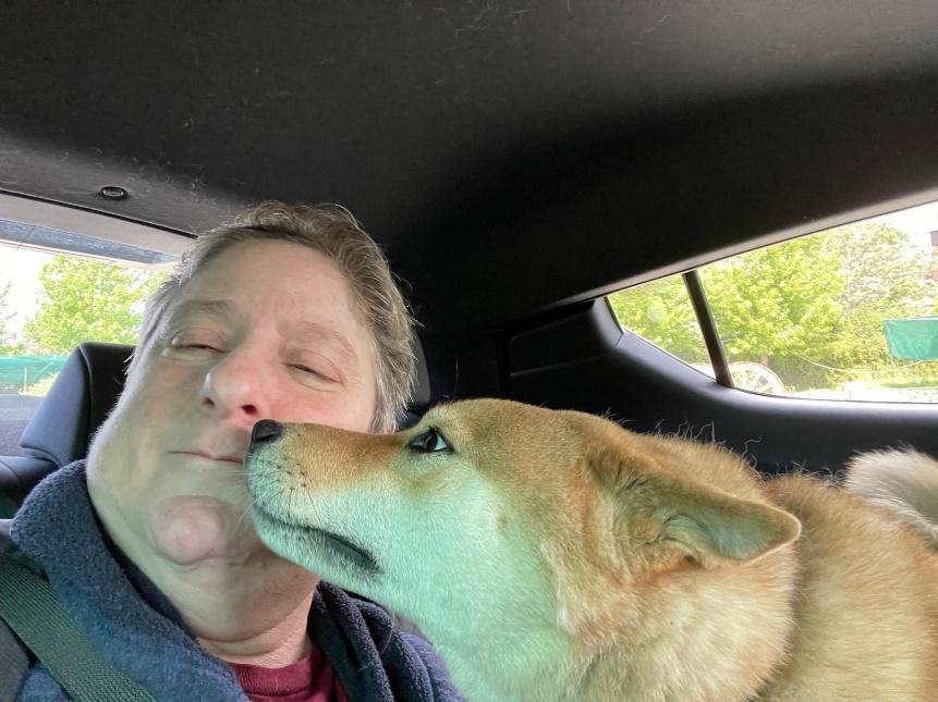 A person and dog in a carDescription automatically generated